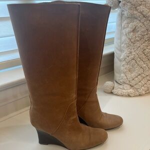 Calvin Klein Tan Suede  w/Light Gold Shimmer Wedge Heel Boots. EUC!!!!